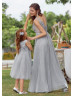 Cute Gray Lace Tulle Tea Length Flower Girl Dress